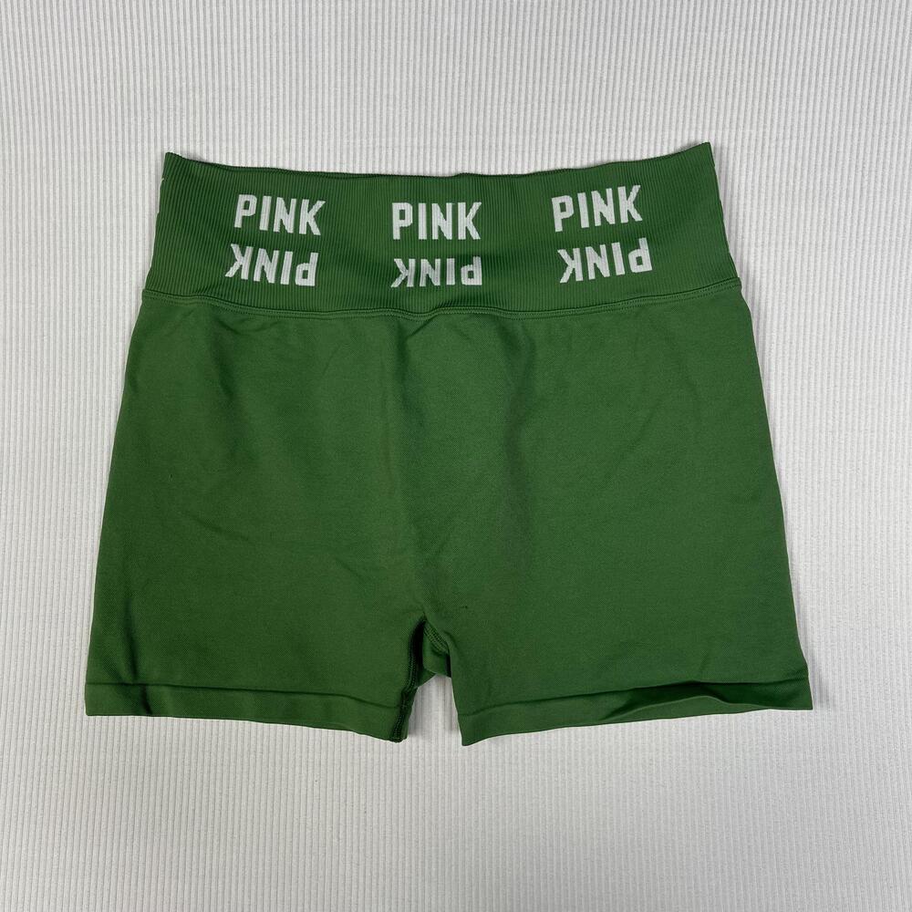 PINK Active Shorts Womens L Green Biker High Waist Logo Elastic Waistband Gym